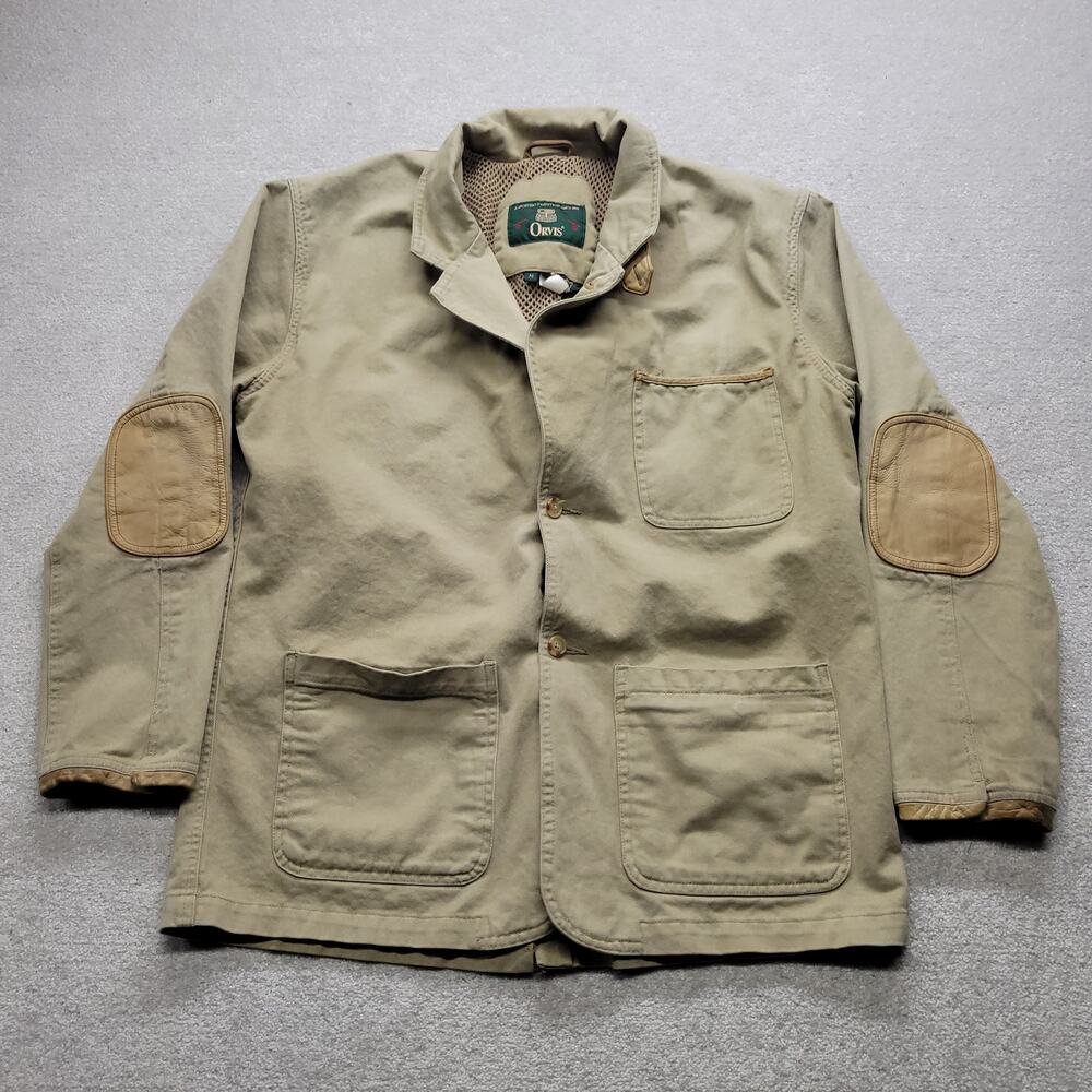 Vintage Orvis Mens M Khaki Hunting Field Jacket Leather Elbow Patches Mesh Lined